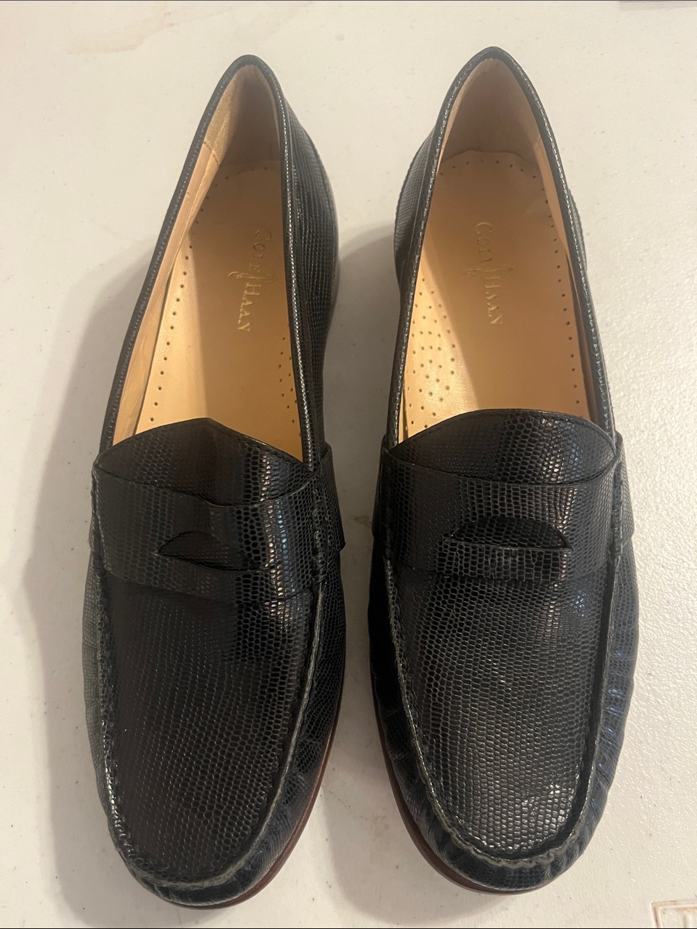 Cole Haan Black Lizard-Embossed Leather Penny Loafers